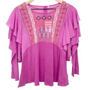 Free People Top Size XS La Cienega Embroidered Ruffled Long Sleeve Wisteria